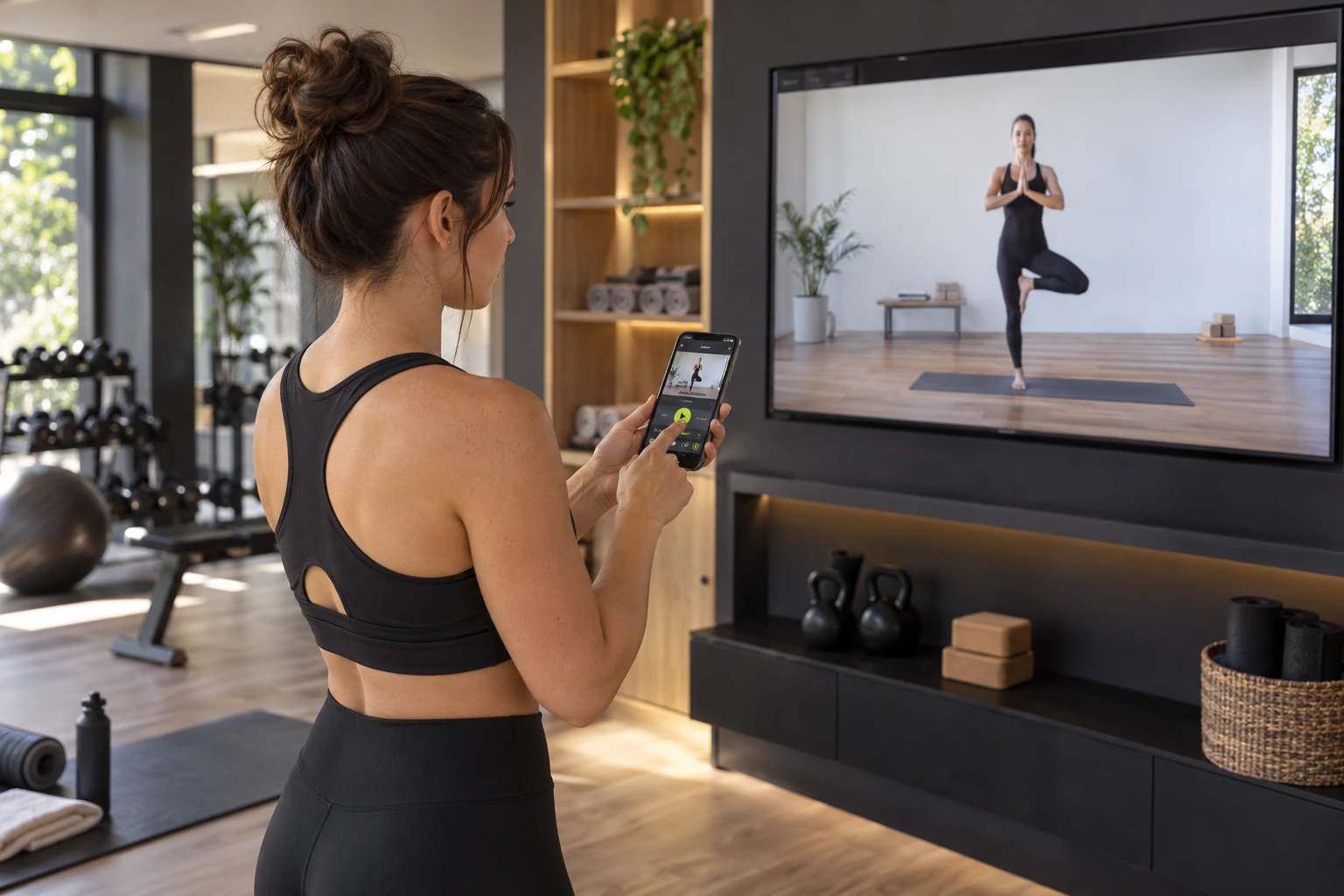 FitX member choosing a class on her phone for the facility TV